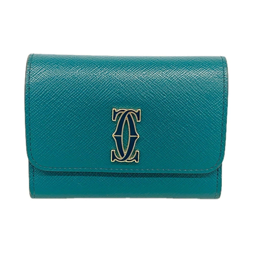 Cartier wallet/coin case C de leather green champagne ladies